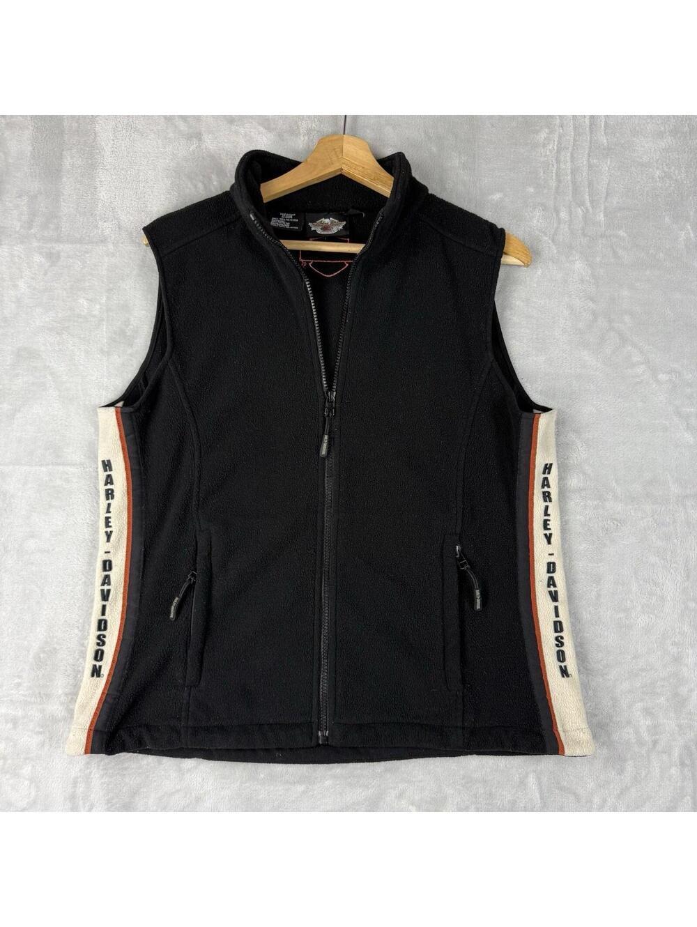 Y2K Harley Davidson Fleece Vest Black Zip Up Logo Side Panels Size L Grunge Bike